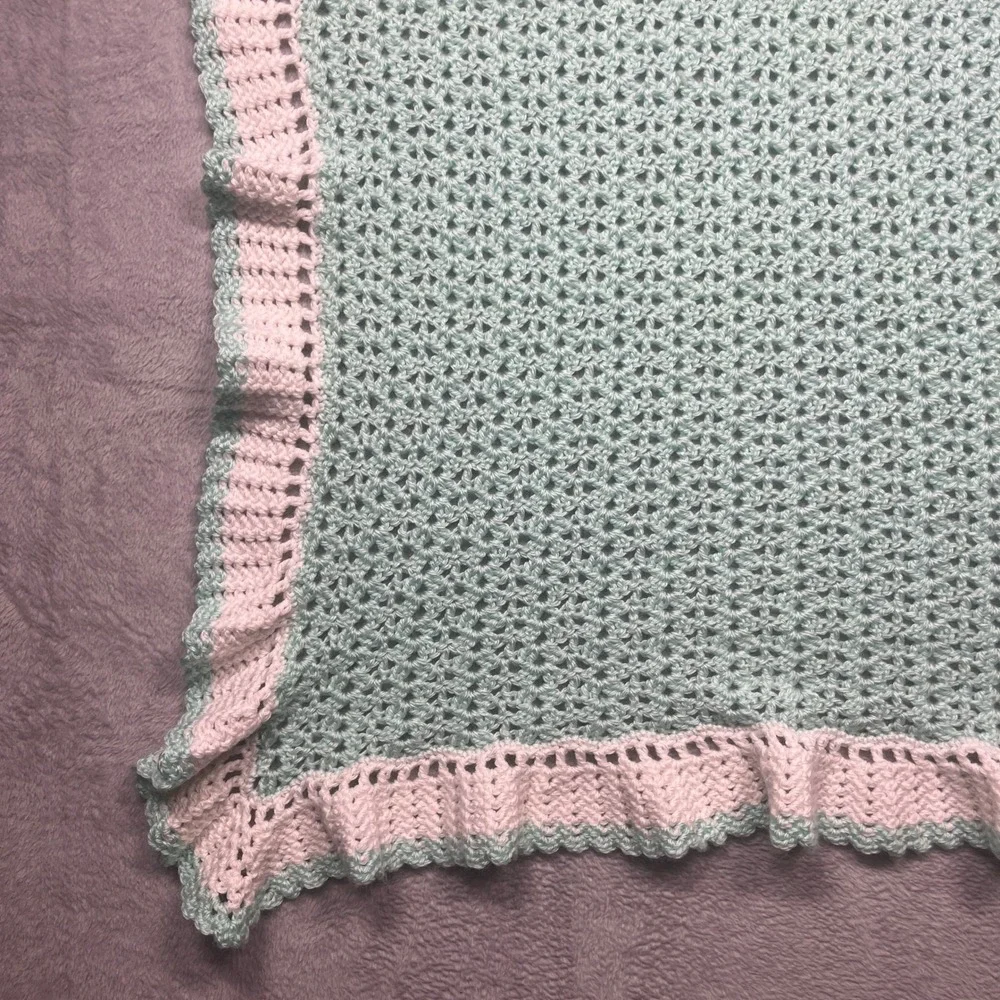 Handmade Crochet Baby Blanket Set 2pc Mint Green White Chevron Blue Multi